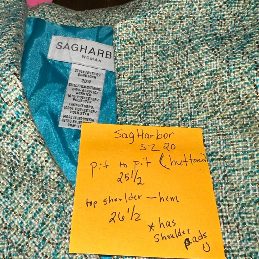 Sag Harbor Blazer size 20 has shoulder pads aqua blue‎ sea foam green
